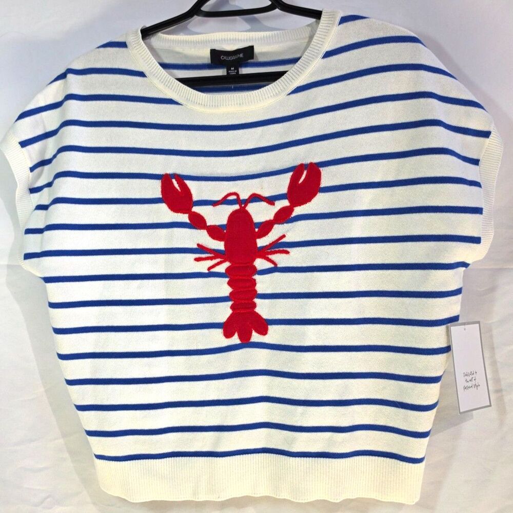 NWT Calligraphie Lobster Sweater Vest Striped Cap Sleeve Knit Top Blue White M